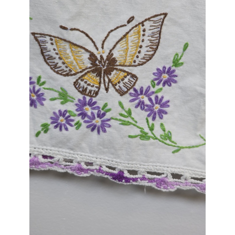 Vintage Handmade Set of 2 Cross Stitch Pillow Cases White Floral Butterfly
